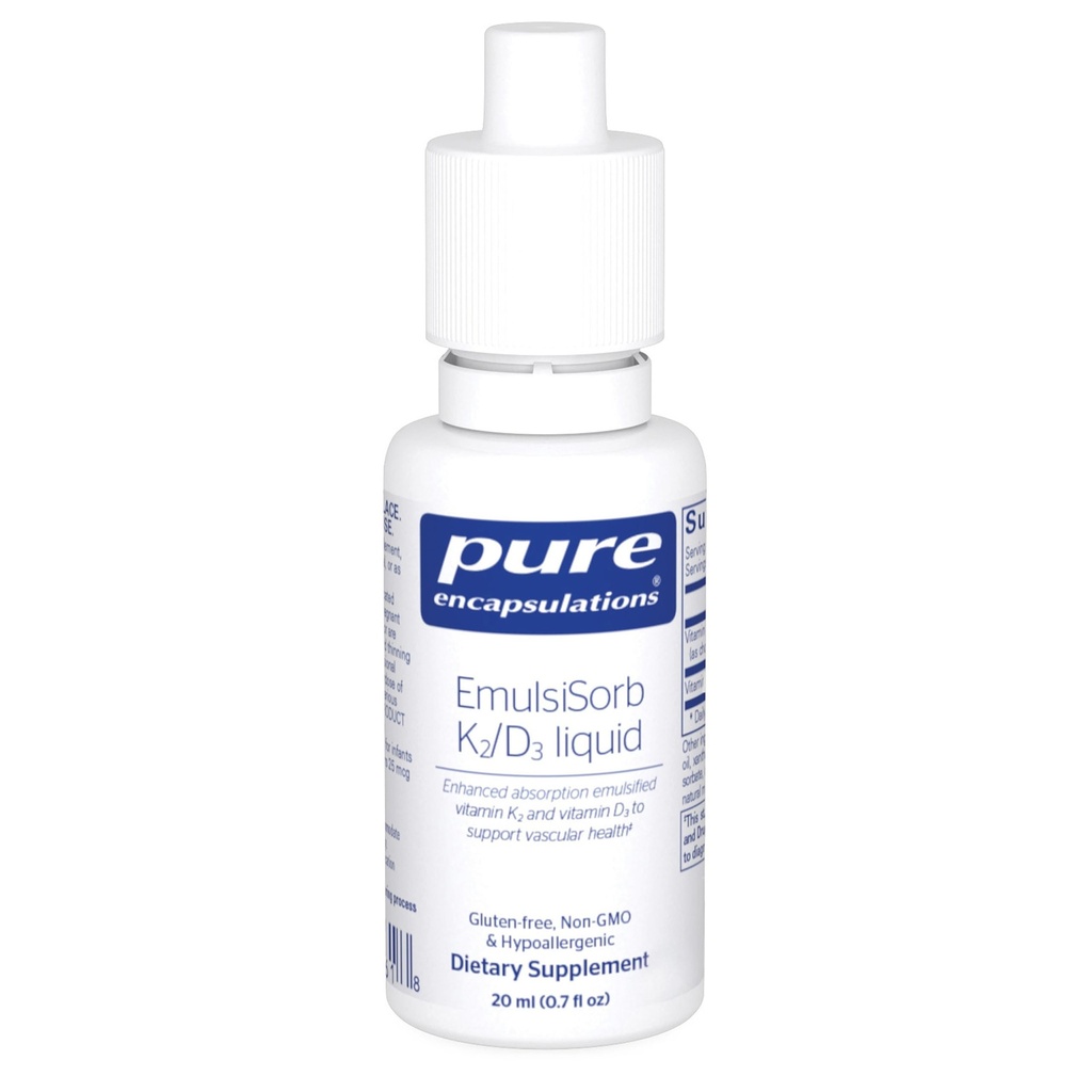 Ren innkapslinger EmulsiSorb K2/D3 Flytende | Enhanced-absorpsjon Emulgert vitamin K2 og vitamin D3 for vaskulær helsestøtte | 0,7 Fl Oz