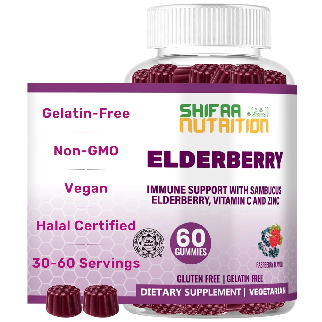 SHIFAA NUTRITION Vegansk Svart Sambucus Elderberry Gummies | Ikke-GMO | 60 Gummies, 30 Servering w / 100mg Elderberry, 90mg Vitamin C, 7,5mg Zink | Immunstøtte, Antioksidant Flavonoids Halal vitaminer