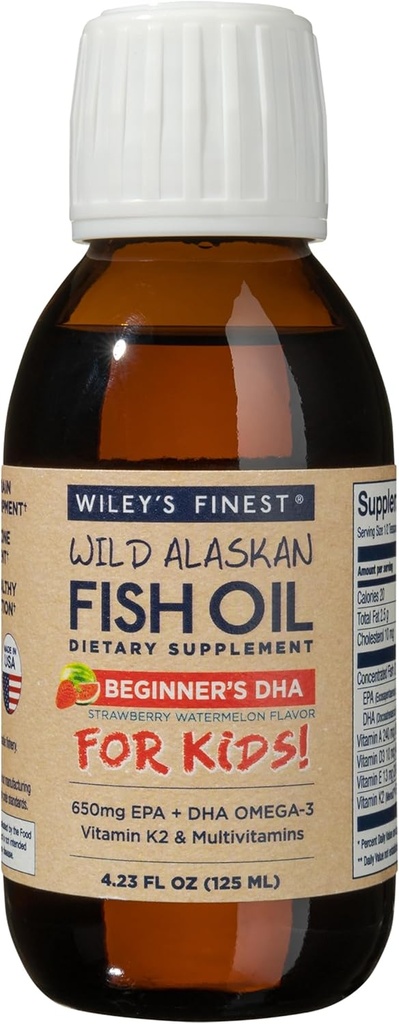 Wiley's Finest Wild Alaskan nybegynners DHA - flytende fiskeoljesupplement for barn i alderen 1 og opp - 650 mg EPA og DHA Omega-3s - Strawberry Watermelon Flavor - 4,23 Oz (50 serveringer)