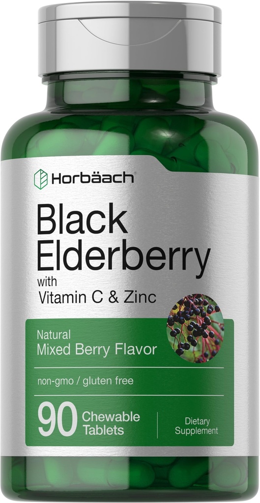 Horbaach Black Elderberry med vitamin C og sink | 90 Chewable Tabletter | Blandet Berry Flavor | Immune Support Complex | Vegetarisk, ikke-GMO og Glutenfri Supplement