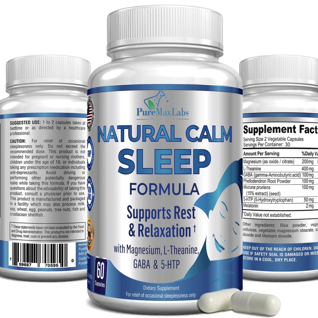 Naturlig rolig søvnhjelp med magnesium, L-Theanin, Melatonin, GABA, 5-Htp | søvnhjelp | Ikke-GMO - 60 kapsler
