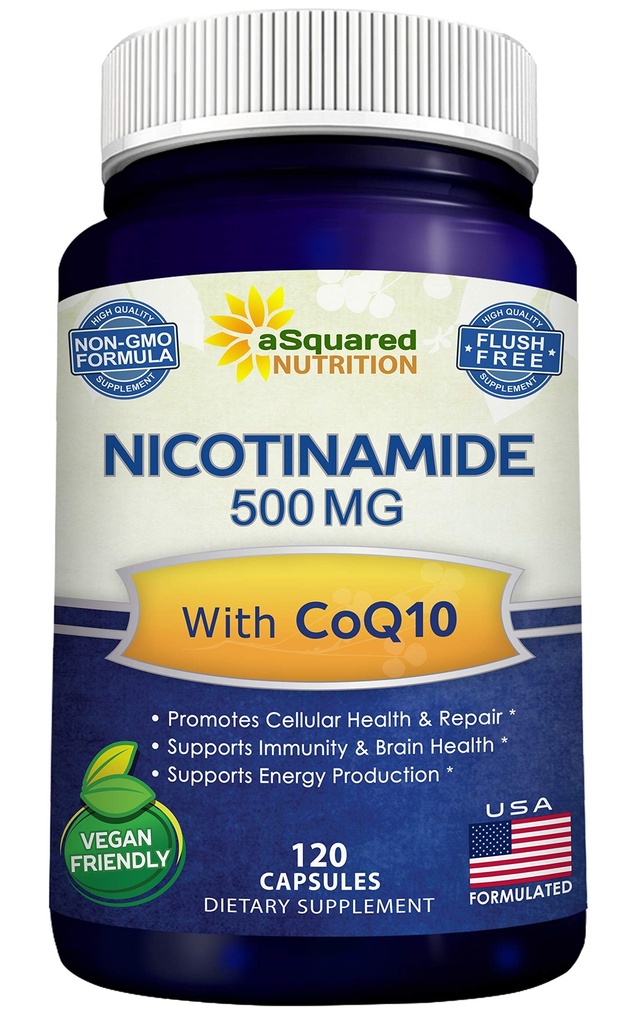 Nikotinamid med CoQ10 (120 kapsler) - Vitamin B3 500mg (Niacinamid Flush Free) - Coenzym Q10 pulver - VIT B-3 & Coq 10 Supplement piller for å støtte energi, NAD, og hudcelle helse