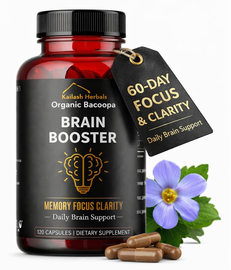 Bacopa, Organic Brain Booster, Nootropic Brain Supplement, Bacopa Monnieri / Brahmi, for mental skarphet, fokus, minne og kognitiv velvære, 120 kapsler 500 mg, 2 måneders forsyning