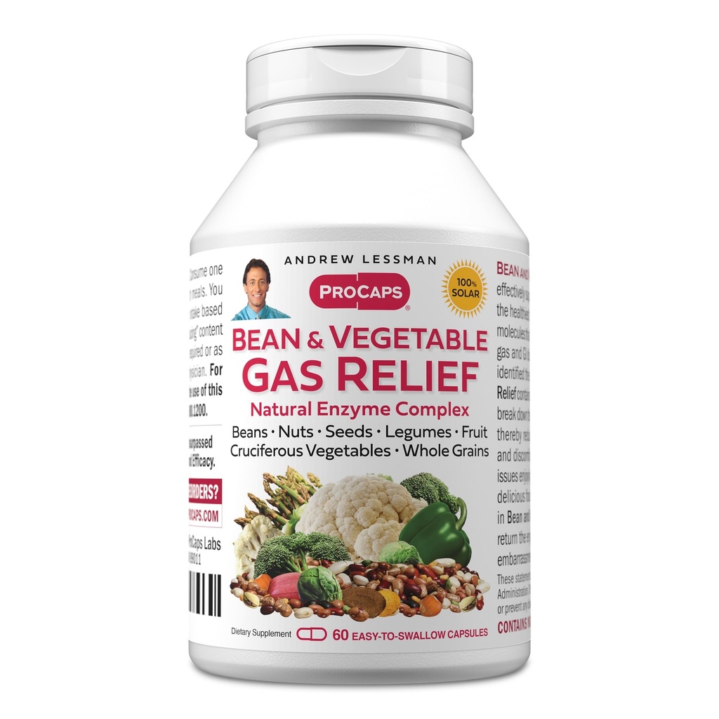 ANDREW LESSMAN Bean og grønnsaker gass relief 60 kapsler - Naturlig enzyme kompleks Reduserer gass, blomstring fra bønner, råbær grønnsaker, frukt, korn og andre matvarer. Gentle og effektive
