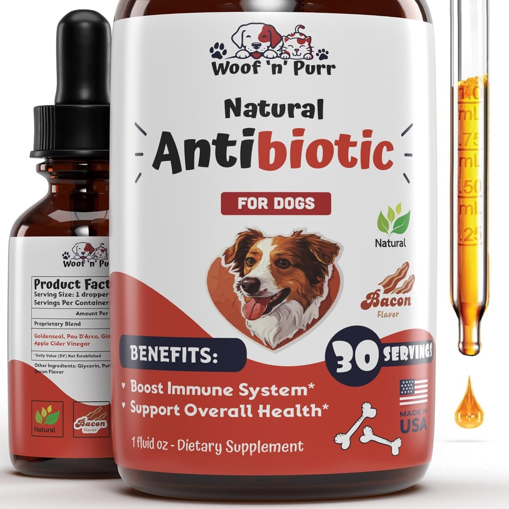 Hundeantibiotika for infeksjon, Coughs, UTIs, Allergier, iching | Naturlig antibiotika for hunder å støtte huden, Coat, & Digestion | for alle avler og aldre | 1 fl oz