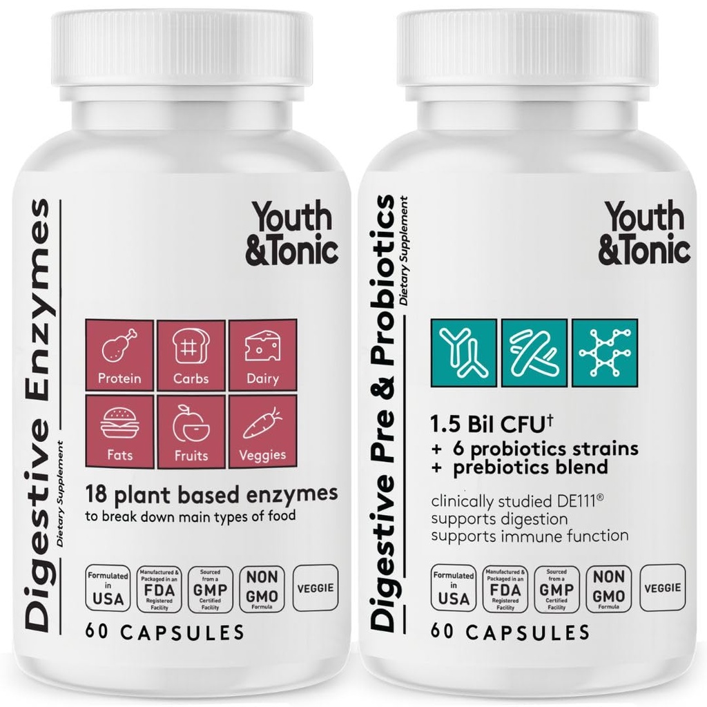 Ungdom & Tonic Digestive kosttilskudd for å blomstre, regelmessighet og Gut helse. Fullspektrum enzymer probiotika og prebiotika for digestion å bryte ned mat og å bruke daglig, for kvinner og menn - 120 piller