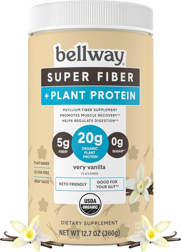 Bellway Super Fiber + Protein pulver, sukkerfri organisk Psyllium Hunk Fiber Supplement pulver med 20g Planteprotein Per Serving, Meget Vanilla, 12,7 oz