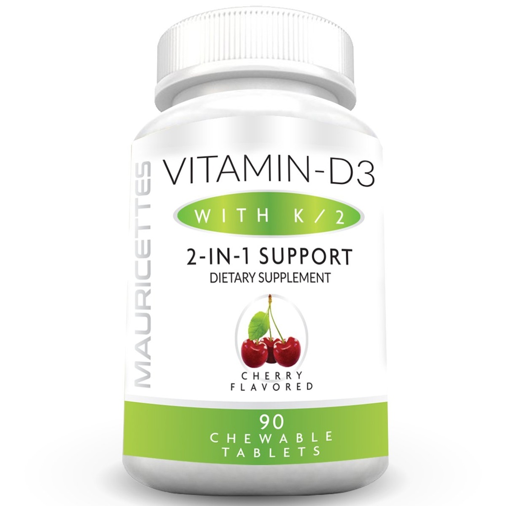 Mauricettes Chewable Vitamin D3 med K2 – 2-i-1 Bein og hjerte helse støtte – Immun Booster – Naturlig Cherry Flavor – 90 tabletter for voksne og barn