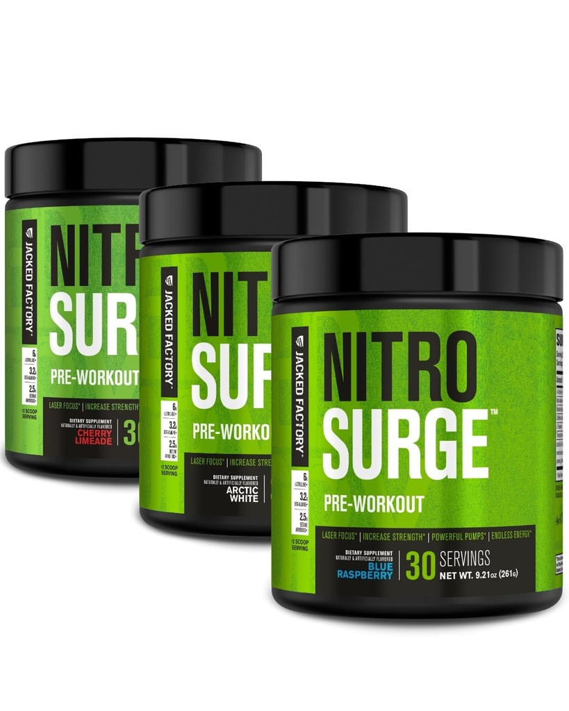 Jacked Factory NITROSURGE Pre Trening Supplement - Endless Energy, Instant Strength Gains, Clear Focus, Intense Pump Cherry Limeade, Blå bringebær, arktisk hvit (90 Serveringer)
