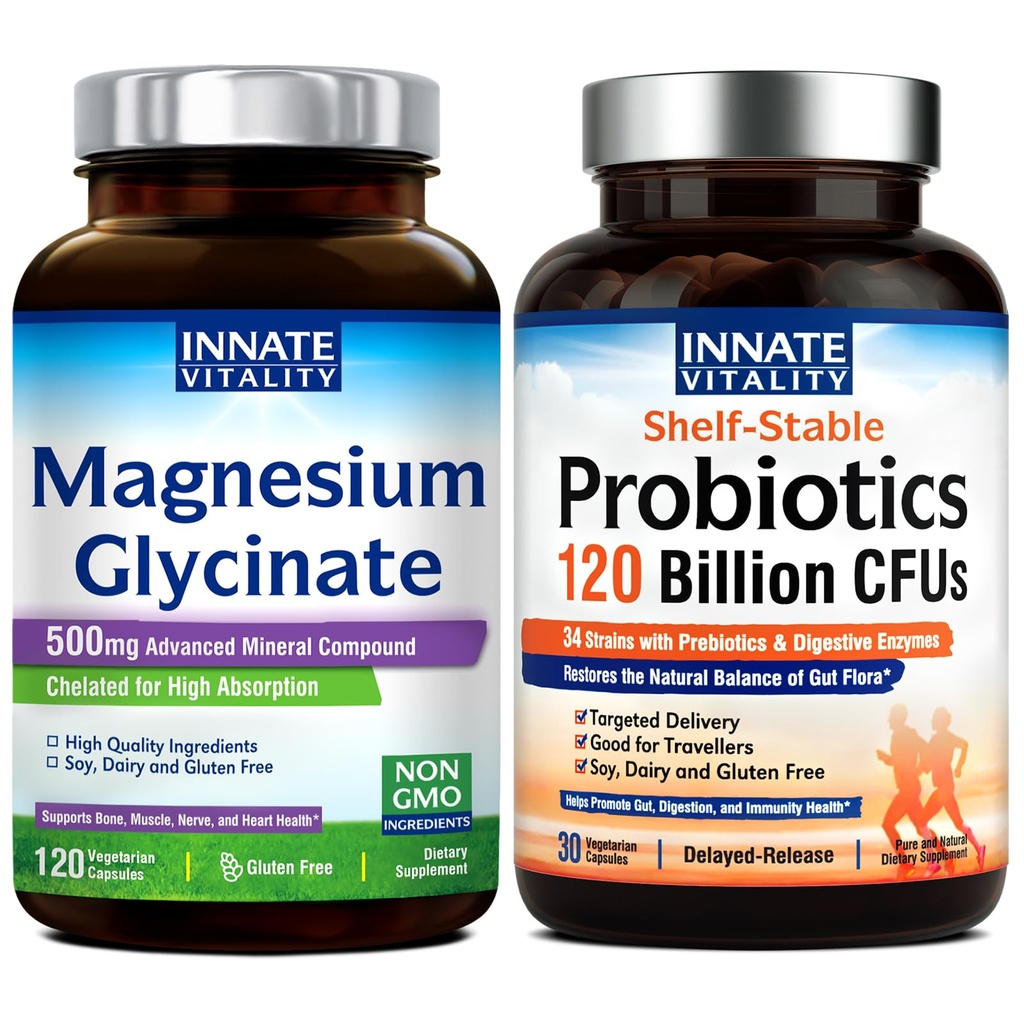 Innen Vitality Magnesium Glucinat & Probiotika 120 milliarder Bundle, Ikke-GMO, Ingen Gluten Dairy Soja & Vegan, Magnesium (120 Caps) & Probiotic (30 Caps)
