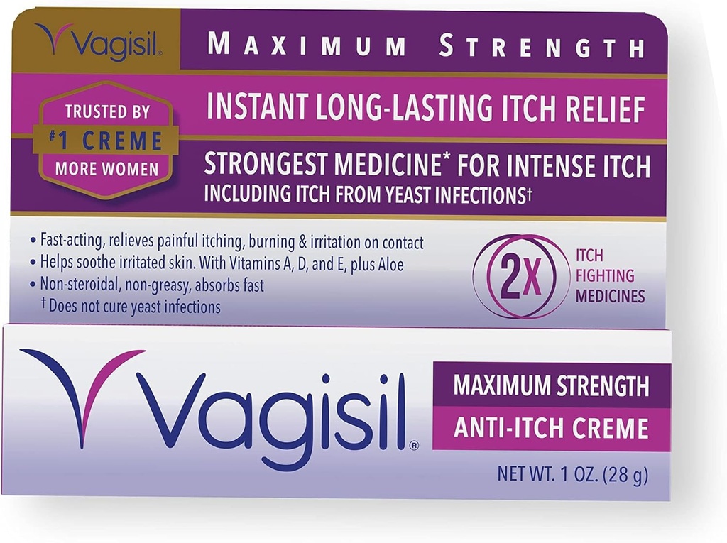Vagisil Maks styrke Feminin Anti-Tykk Cream med benzocain for kvinner, hjelper med å lindre Yeast infeksjon irritation, Gynekolog testet, rask-Aktive, Sotter og kulde hud, 1 oz