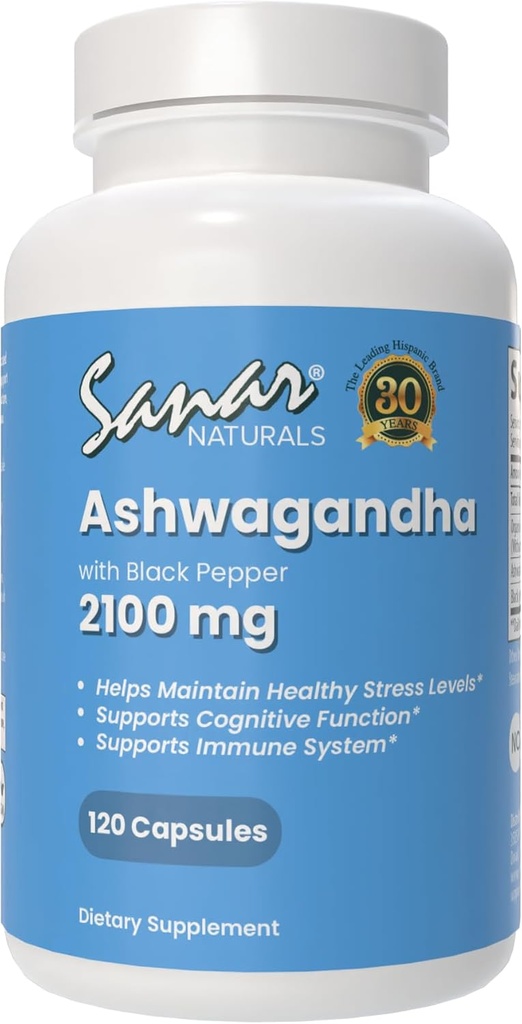 Sanar Naturals Ashwagandha 2,100 mg - Stress & Mood Support Supplement - fremmer fokus og uunnværlig energi, Ashwaghanda pulver og rotekstrakt blanding med svart pepper - ikke-GMO, 120 kapsler