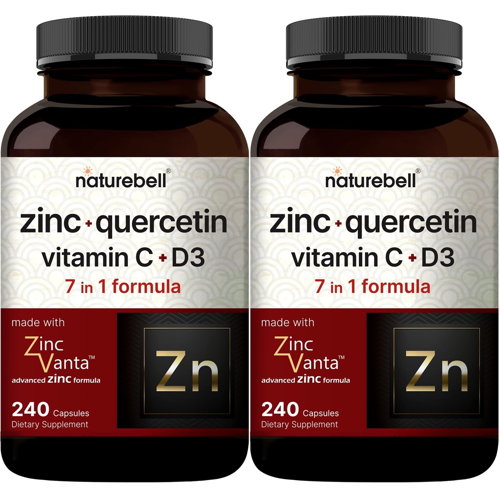 NatureBell Zinc Quercetin med vitamin C & D3,  480 Kapsler (2 pakke) Quercetin 1000 mg + Zinc 50mg + vitamin C 250mg + vitamin D3 5000 IU | i-1 Avansert immun- og Lungestøtte | ZincVanta Formula