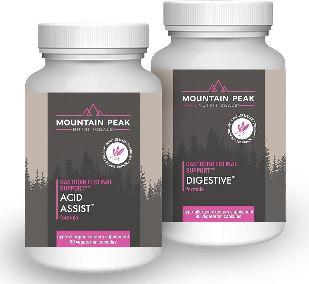 Fjelltopp Ernæringsmidler Acid Assist & Digestiv Support Combo Pack - Gastrointestinal og Digestive Helse - Enzymer, Probiotika og Næringsmiddel Support - 90 Vegetariske kapsler Hver