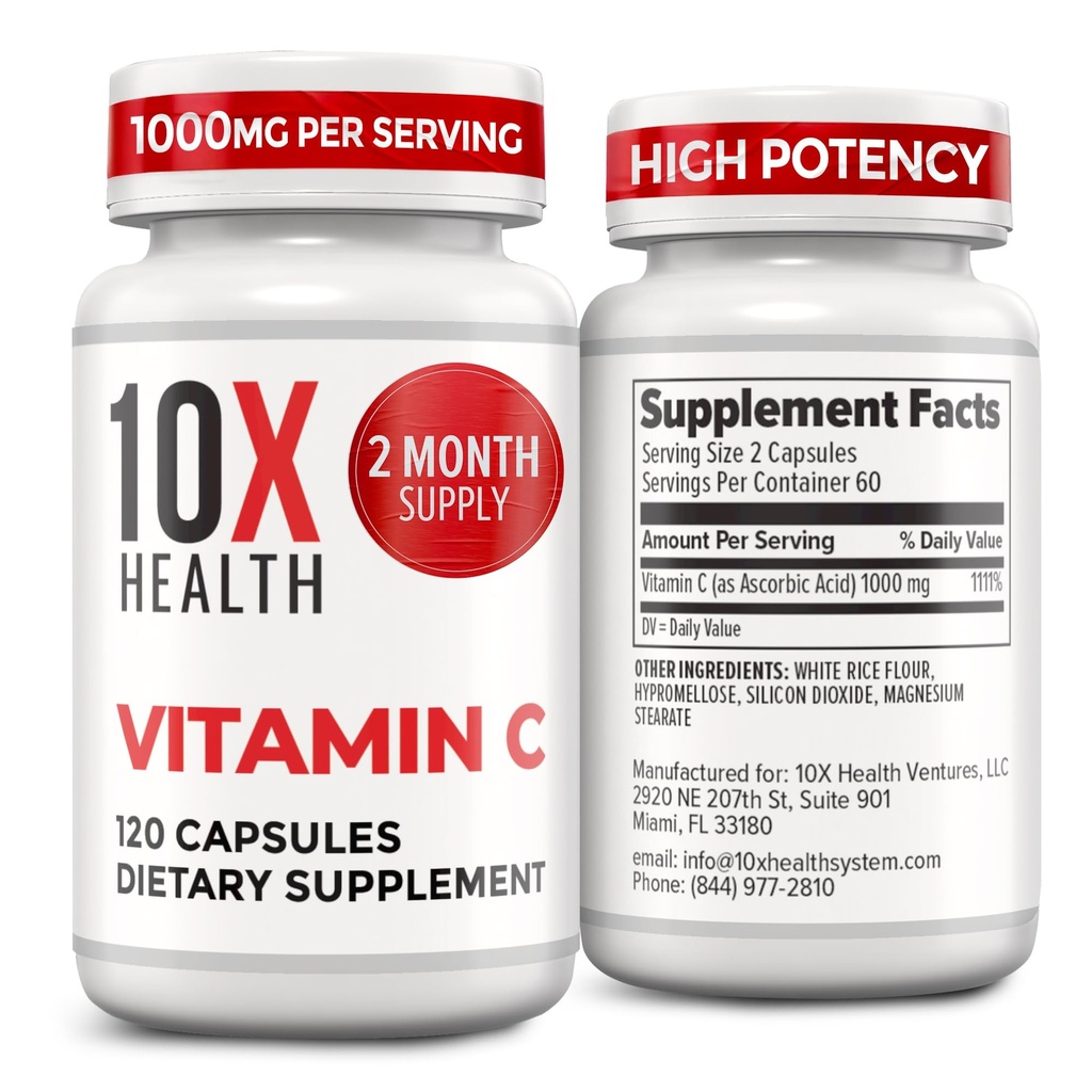 10X Helse Vitamin C 1000mg - 120 Kapsler Vitamin C, høydose askorbinsyre for immunisme, antioksidant beskyttelse, kollagen og vev støtte for voksne - VitaminC 1000 mg - Ikke-GMO, Glutenfri