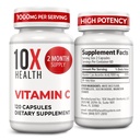 10X Helse Vitamin C 1000mg - 120 Kapsler Vitamin C, høydose askorbinsyre for immunisme, antioksidant beskyttelse, kollagen og vev støtte for voksne - VitaminC 1000 mg - Ikke-GMO, Glutenfri