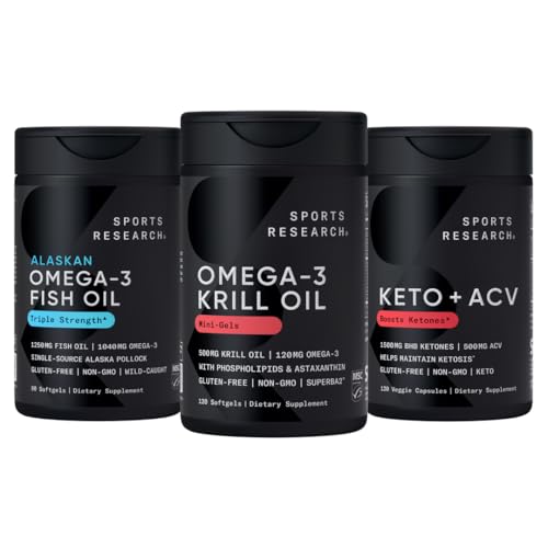 Idrettsforskning Triple Styrke Omega-3 Fish Oil, Antarktis krillolje + Fosfolipider, Choline & Astaxanthin Mini-Softgels, Keto Plus ACV 500 mg Apple Cider Vinegar & 1500mg GoBHB Exogenous Ketoner