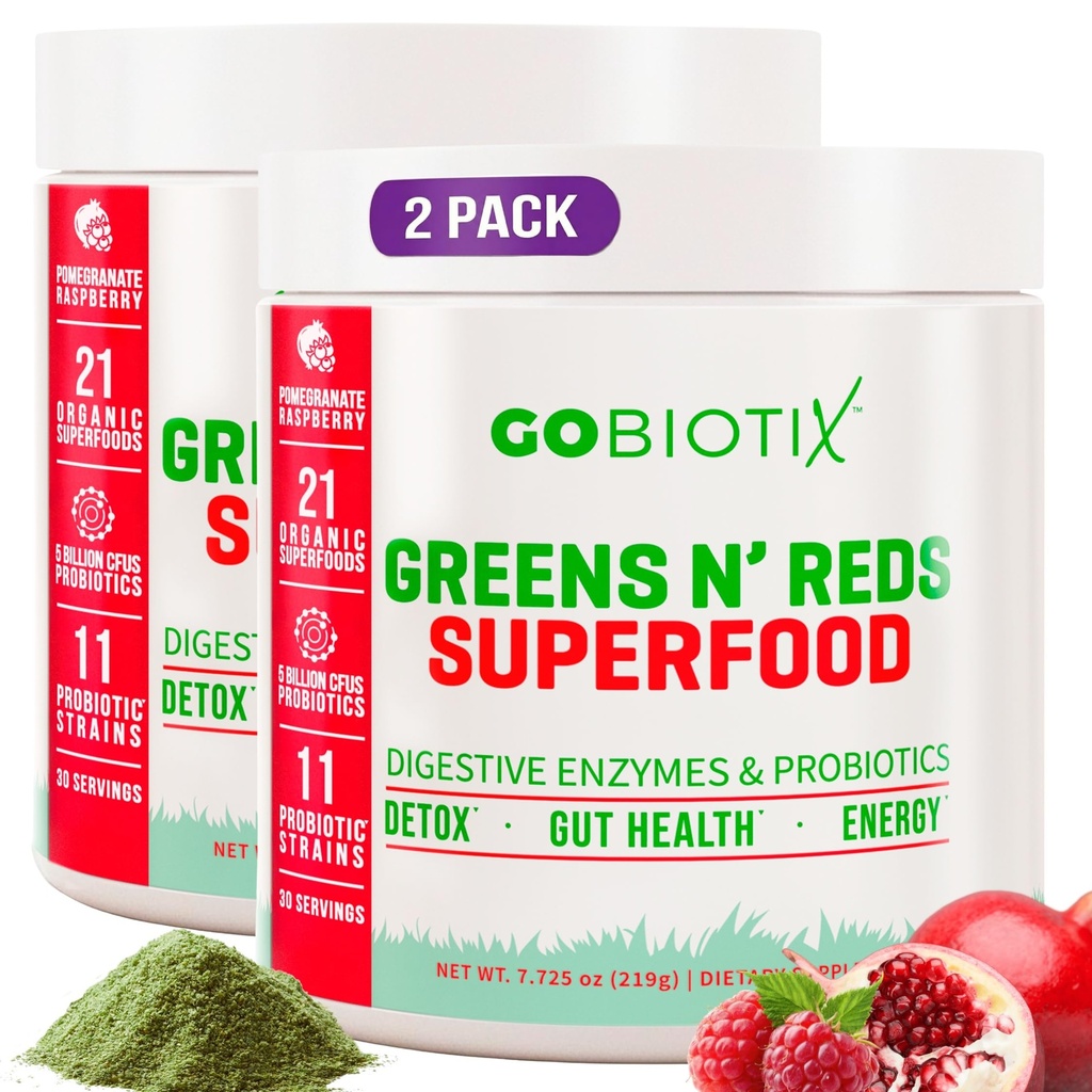 GOBIOTIX Super Greens og rødt pulver - rødt og grønt Superfood - Probiotiske Supplement - Digestive enzymer og Beet Root Powder - organiske hele mat kosttilskudd (Pom bringebær, 2 Pack)