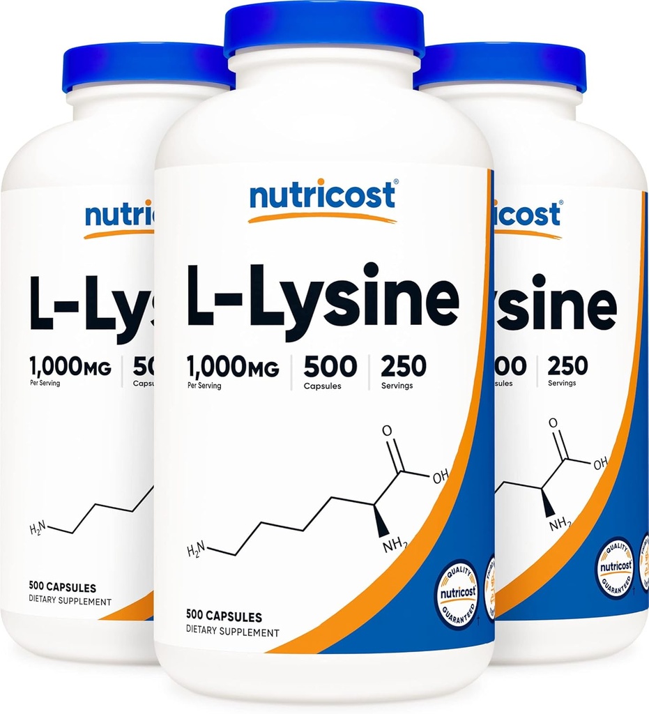 Nutricost L-Lysine 500mg (1000mg Servering), 500 kapsler (3 flasker)