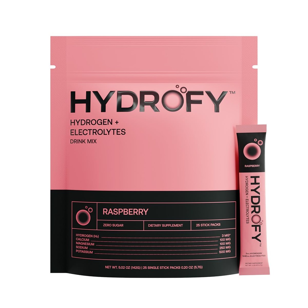 Hydrofy hydrogenvann + elektrolyter drikk Bland | H2 Hydration Packets med molekylær hydrogen, natrium, kalium, magnesium, kalsium og mineraler | Ingen sukker | bringebær 25 Ct