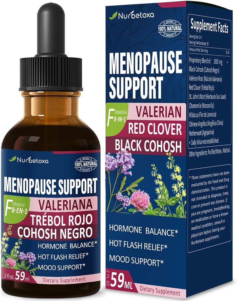 Black Cohosh Menopause Støtte Drops, Phytoestrogen Supplements W / Rød Clover, Morwort & St. John's Wort Extract for Hot Flashes, Night Sweats & Comfort. Cimichifuga para Menopausia. 2oz