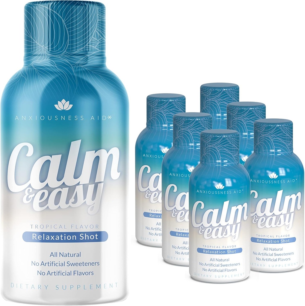 Calm & Easy - Naturlig Stress Relief Shot, KSM-66 Ashwagandha, Suntheanine L Theanine, beroligende Adaptogen Drink, Avslapping, Fokus og Mood ® 2 oz flytende flaske (6 pakke)