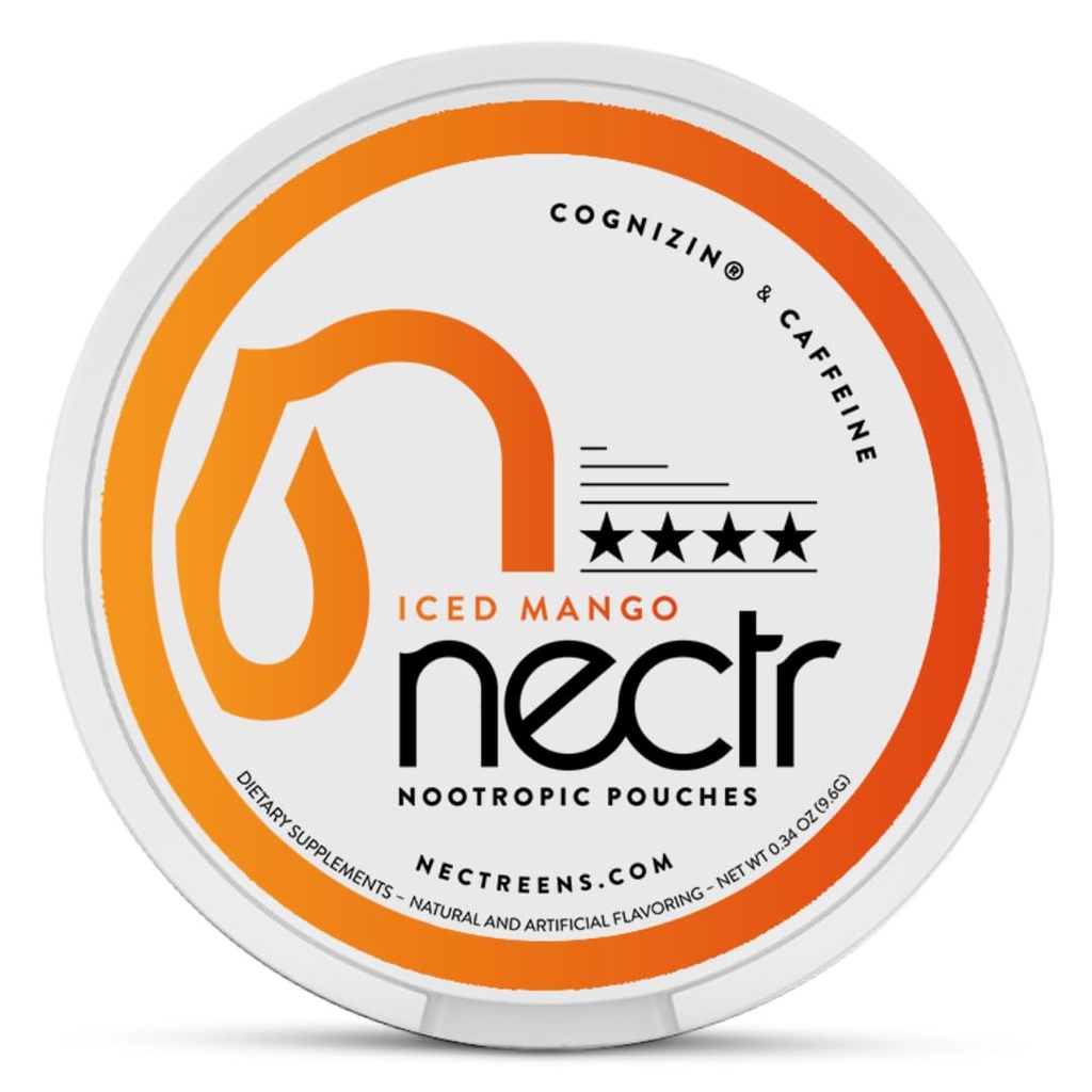 Nectr Energy Nootropic Pouches - Iced Mango Flavored, Caffeine Pouches med Cognizin® Citicolin. Sukkerfri hjernebehandling. Smooth, Elegant Focus & Energi Supplement - 1 Puck of 16pcs