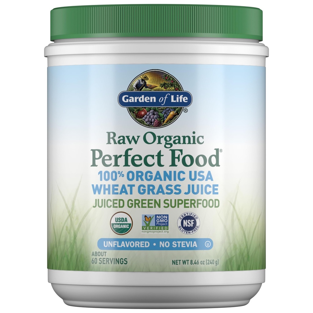 Garden of Life Raw Organic Perfect Food 100% Økologisk USA Hvete Grass Juice - Juiced Grønn Superfood Grønn Powder, 60 Serveringer - Stevia-fri, Ikke-GMO, Vegan, Glutenfri hele mat kosttilskudd