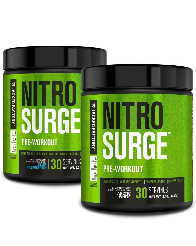 Jacked Factory NITROSURGE Pre Trening kosttilskudd for energi, øyeblikkelig styrke gevinster, klar fokus, og intense pumper (blå bringebær, 30 serveringer og arktisk hvit, 30 serveringer)