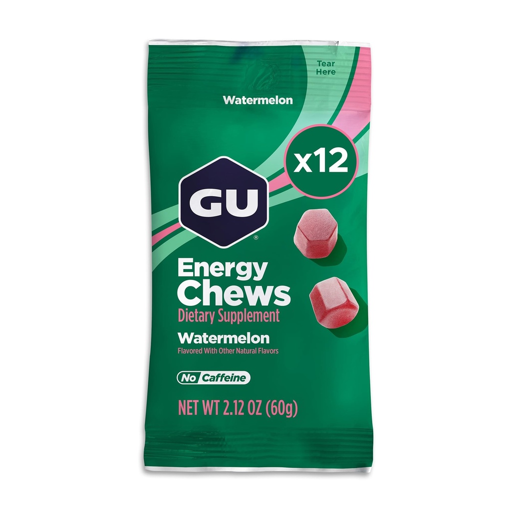 GU Energi Chews, vannmelon Energi Gummies med elektrolyter, Vegan, Glutenfri, Kosher, Koffein-fri, og Dairy-Free On-The-Go Energi for enhver trening, 12 poser (24 Services Total)