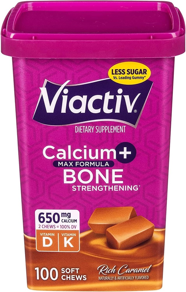Viativ Max Formula Kalsium +Vitamin D3 Supplement for bein helse, rik karamell, 100 myk Chews - 6 Pack