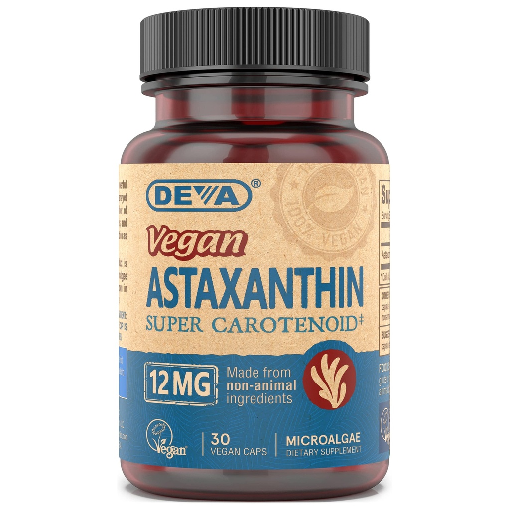 DEVA Næringsvitaminer Astaxanthin 12 mg, Vegan, laget av Hematococcus Pluvialis Microalgae, 30 kapsler, 1-pakke