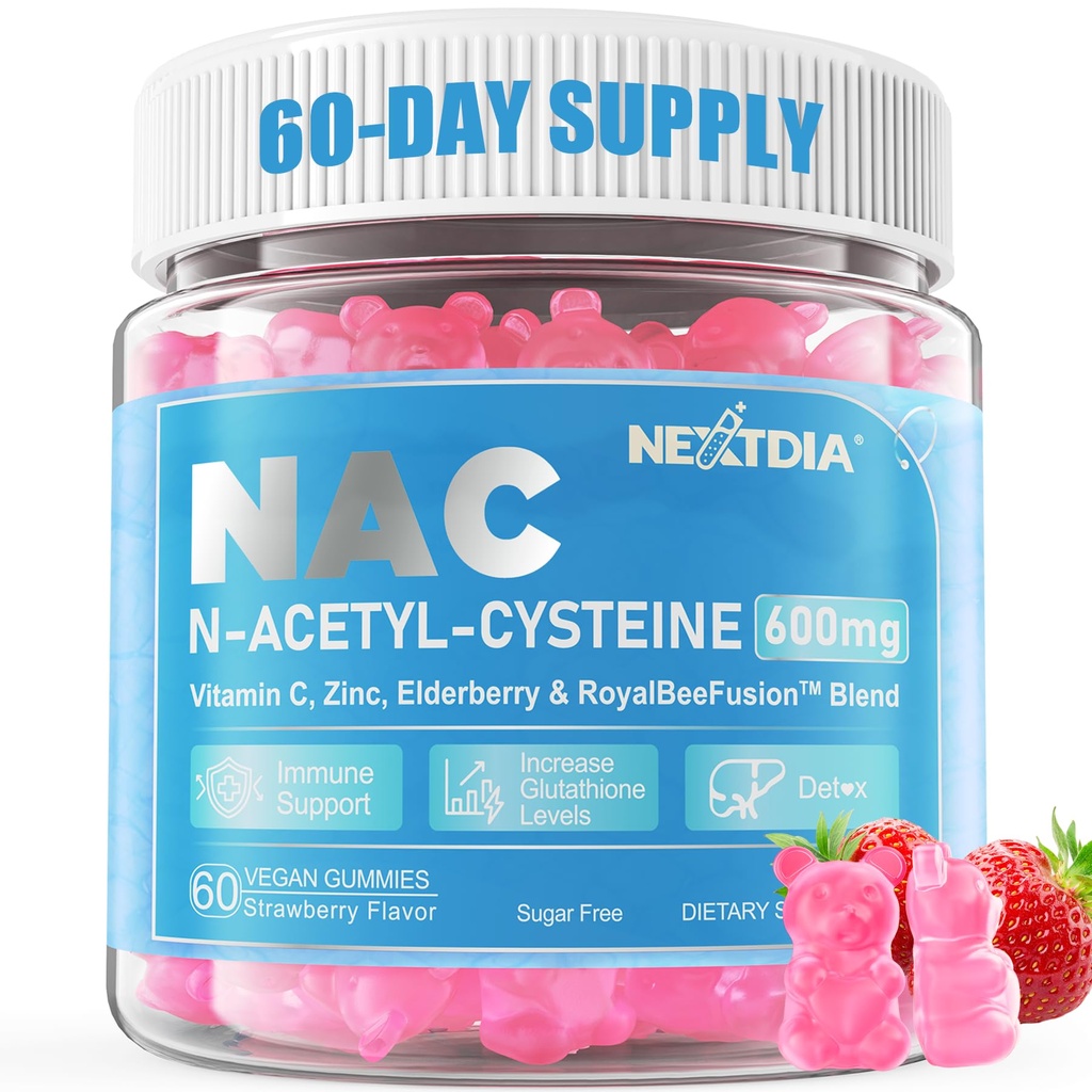 Nextdia NAC Gummier for barn og voksne, Chewable N-Acetyl Cysteine Supplement 600mg 1000mg w/Vitamin C, sink, eldrebær for antioksidanter og immun støtte, Lunge og lever helse, sukkerfri, 120 Ct