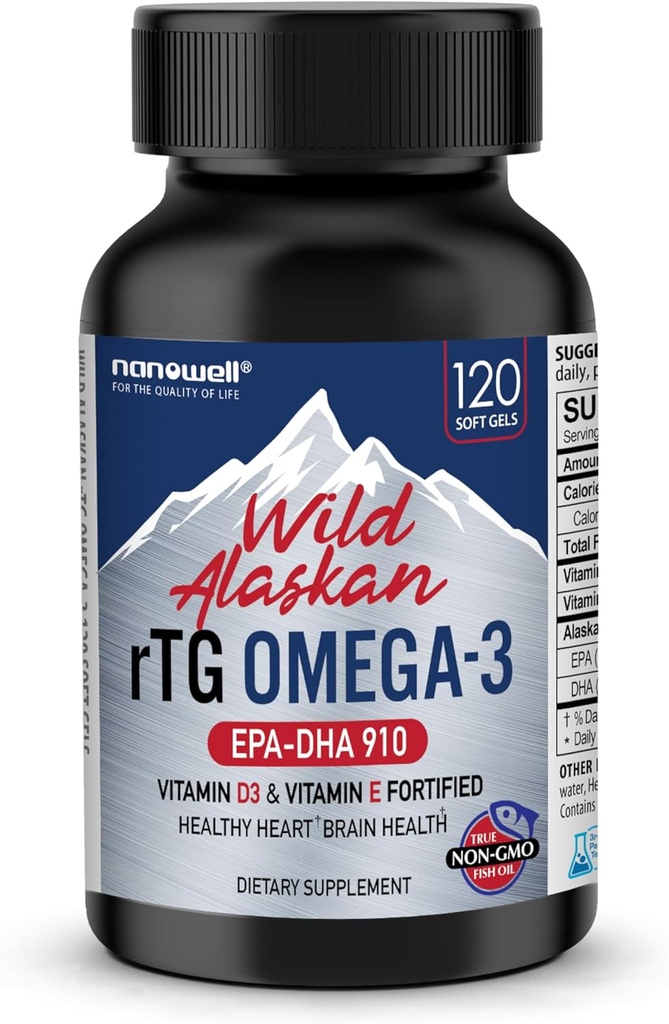 NANOWELL Wild Alaskan rTG Omega-3 Fish Oil 1196mg - EPA, DHA, vitamin D3 & E - 120 Softgels, 60 dagers forsyning