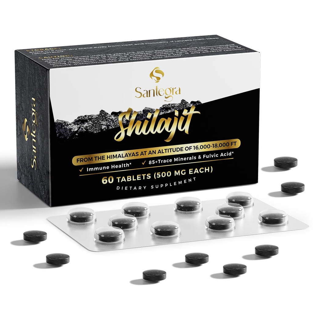 30 000 MG Shilajit Tabletter, 100% Shilajit ren tabletter for kvinner og menn, Himalayan Organic, Fulvic Acid & 85+ Spor Mineraler, Resin Supplement for energi og immunsystem, 60 greve