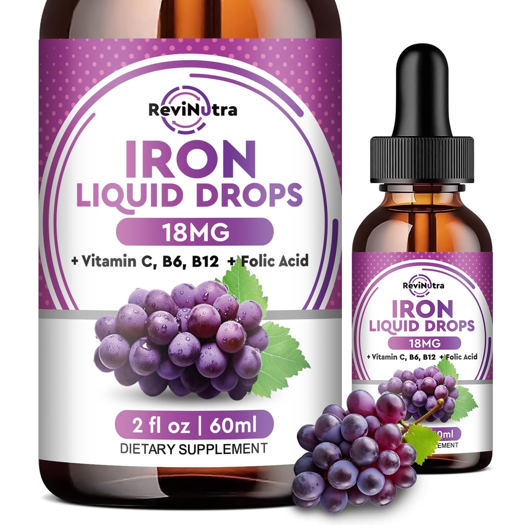 Liquid Iron Supplement for kvinner, menn og barn - flytende jerndråper med folat, vitamin C, B6, B12 for anemi, rød blodcelle, energistøtte - Grape Flavor, 2 Fl Oz