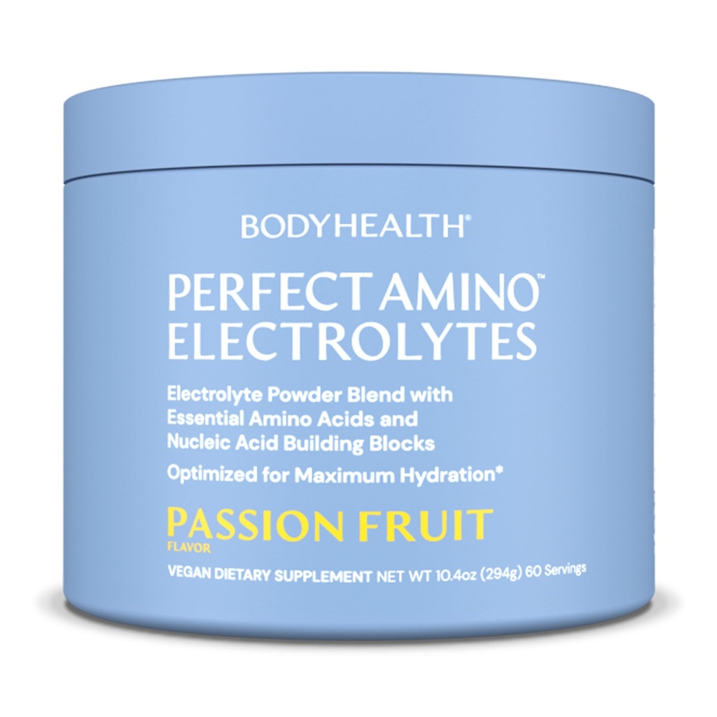 BodyHealth PerfectAmino Electrolytes Powder Ingen Sukker, Hydration Fasting Keto Zero Sukker Elektrolytter Drikke Blande med Spor Mineraler - Passion Frukt - 60 Serveringer