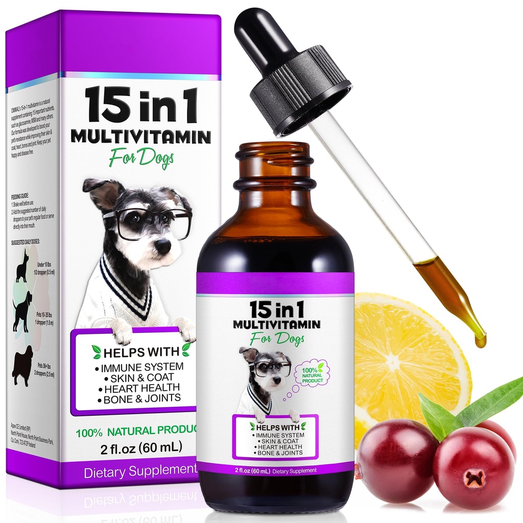 Hunde Multivitamin,15 i 1 Hunde Multivitamin flytende dråper Kosttilskudd, Hundevitaminer for hjertehelse, Bein, Joint, Hud og Coat, Bladder, Immunsystem Støtte 60 ml