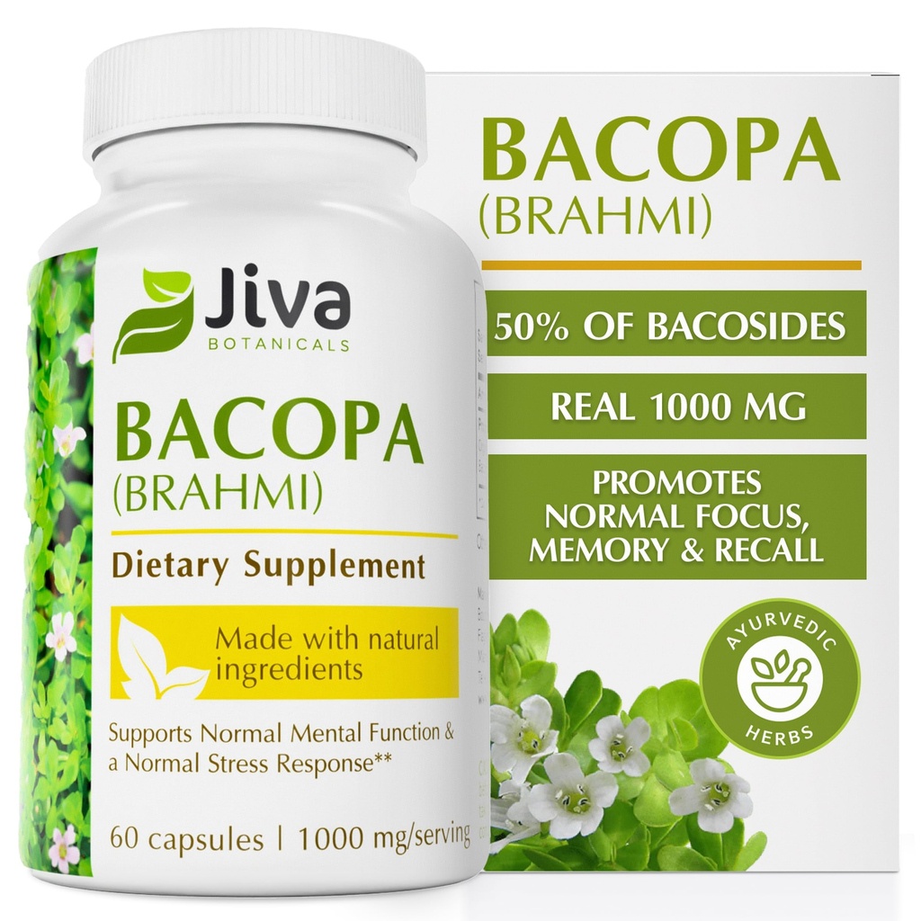 Jiva Botanicals Bacopa Monnieri Supplement ren 1000mg per servering - høy potens Bacopa Monnieri (Brahmi) og ekstrakt for normal hjerne, fokus, og minne støtte - Ayurvedic urter - 60 kapsler