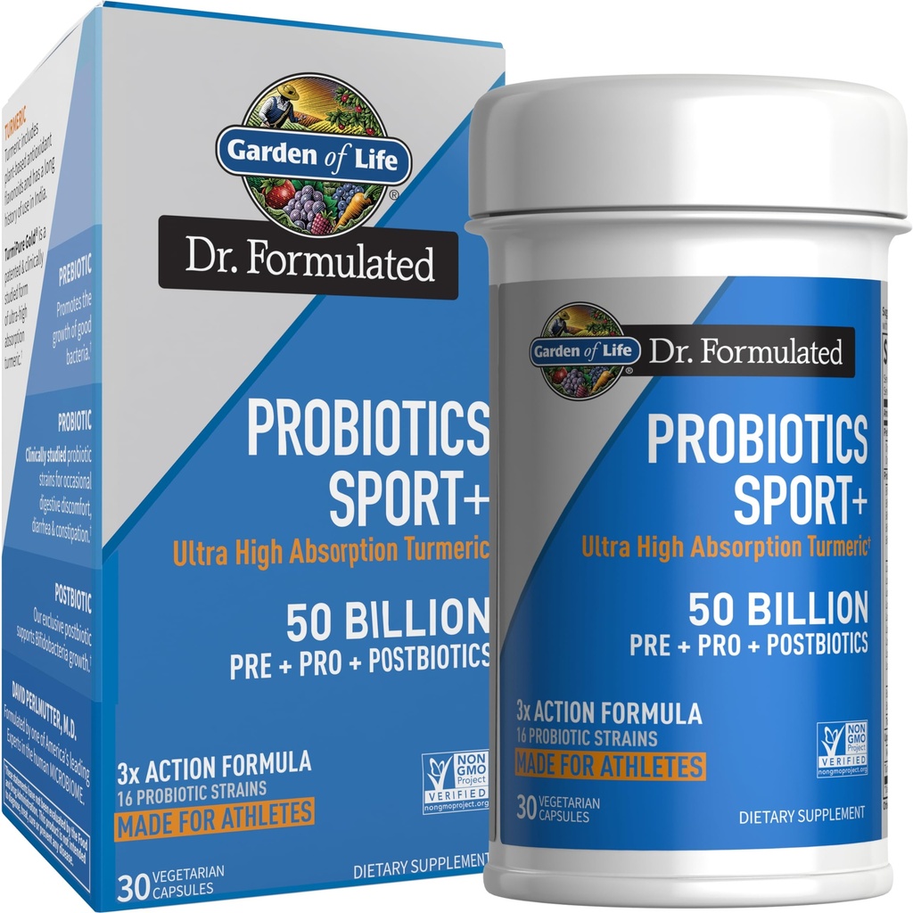 Livshage Dr Formulerte Sport Probiotika Digestive Supplement, Organiske Prebiotika for kvinner og menn Atleter, klinisk studert Turmeric Curcumin, 50 milliarder CFU, Gut helse, Acidophilus, 30ct