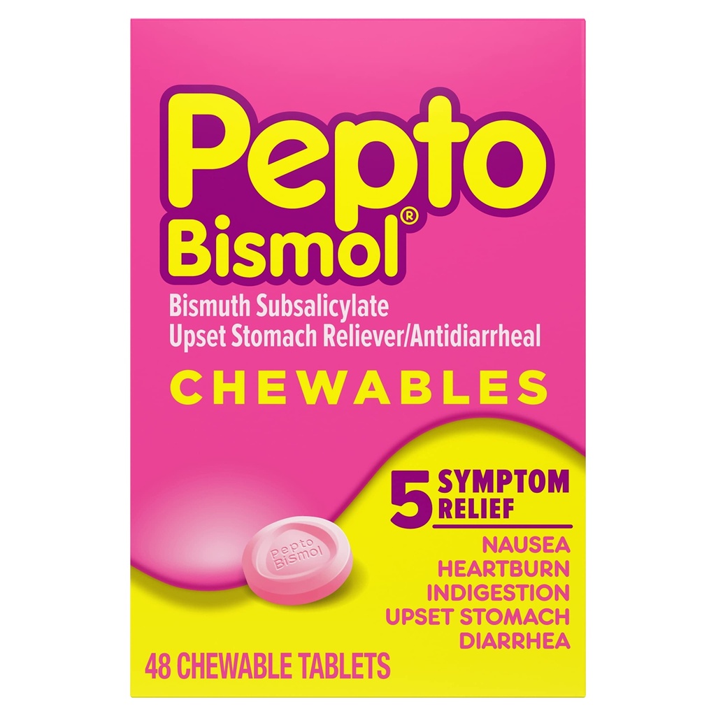 Pepto Bismol Chewable tabletter for hemmighet, Heartburn, Indiesjon, Upset Mage, og diarrea - 5 Symptom Fast Relief, Original Flavor, 48 ct