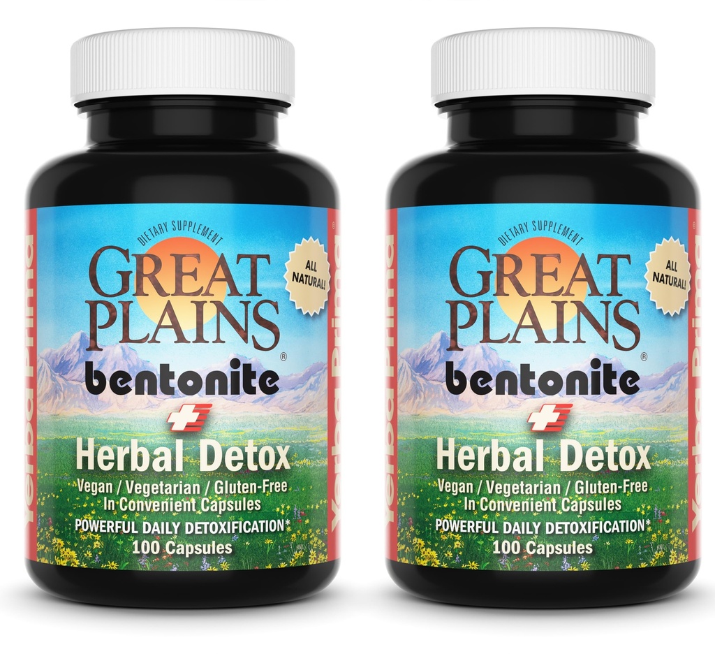Yerba Prima Great Plains Bentonitt Clay Caps Plus Herbal Detox (Pack of 2) - Mat Grade - Liver & Colon Cleanse Supplement Kapsler