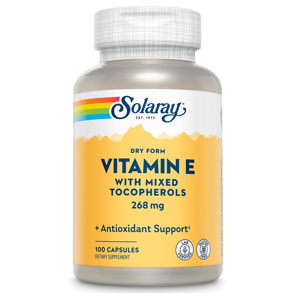 SOLARAY Vitamin E 400 IU (268 mg), Tørr Form - Naturlig kilde, Blandet tokoferoler Vitamin E - Antioksidant Supplement, PMS og Menopause Støtte - 60-dagers garanti, Lab verifisert - 100 Serv, 100 Kapsler