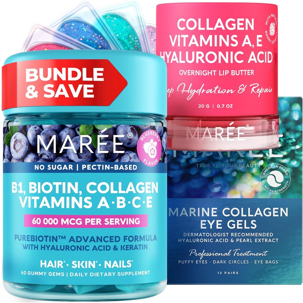 MAREE Bundle - vitamin B1 Thiamin Gummies, Lip Mask, Under Øyegels - A, E, D, C vitaminer - Kollagen & Hyaluronsyre - Kompleks for huden, negler, hår - Maske for tørre lepper - Gels for Puffy Eyes