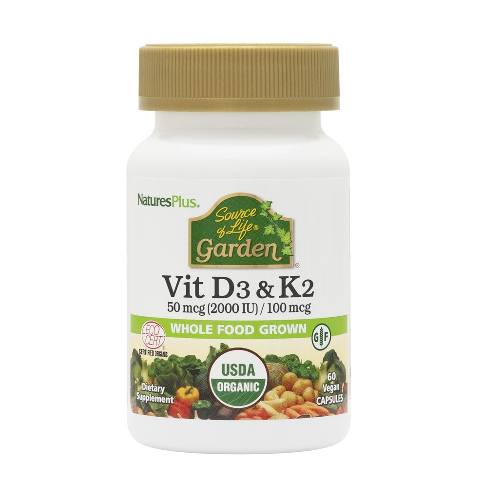 Natures Plus Kilde til Livshage vitamin D3 & K2-60 Vegankapsler - Fremmer Bone Support, Immunfunksjon, Cardiovaskulær Helse og Mood Balance - Vegan, Glutenfri - 60 Serveringer
