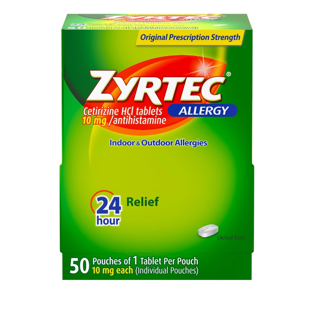 Zyrtec 24-timers Allergi relief Tabletter, Individuelt innpakket innendørs og utendørs allergi medisin med 10 mg cetirizin HCl per antihistamin tablet, 1 tablett per pakke, 50 ct dispensit pakke