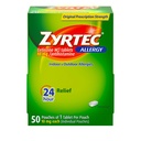 Zyrtec 24-timers Allergi relief Tabletter, Individuelt innpakket innendørs og utendørs allergi medisin med 10 mg cetirizin HCl per antihistamin tablet, 1 tablett per pakke, 50 ct dispensit pakke