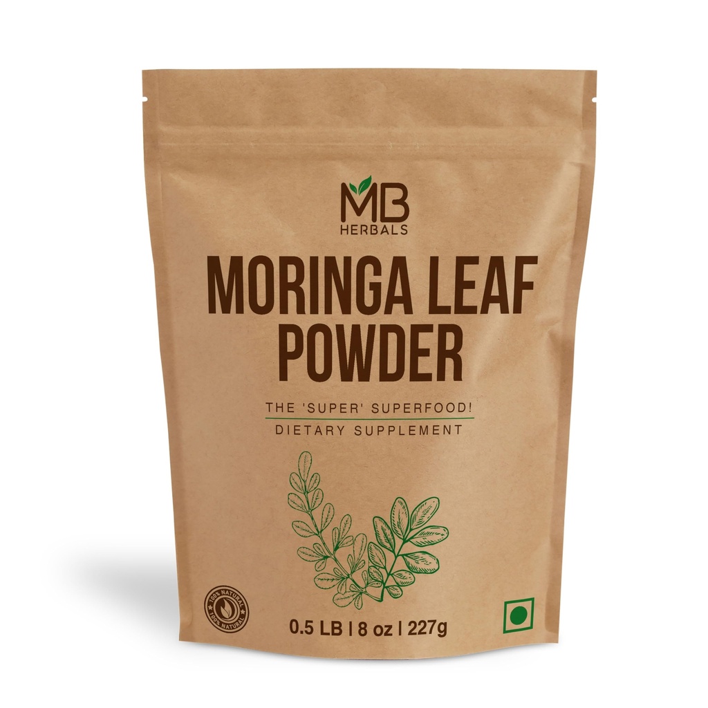 MB Herbals Moringa Leaf Powder 8 oz (227g / 0.5 LB) | 100% ren Moringa Powder | Enkelte blandinger i drikke og smoothies | Ingen preservativer
