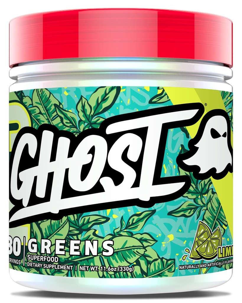 GHOST Greens pulver, Lime - 30 serveringer - 19 Superfood Grønn og rødt pulver, frukter, grønnsaker, spirulina, & klorella, prebiotika, 10 milliarder CFU probiotiske og digestive enzymer - Glutenfri