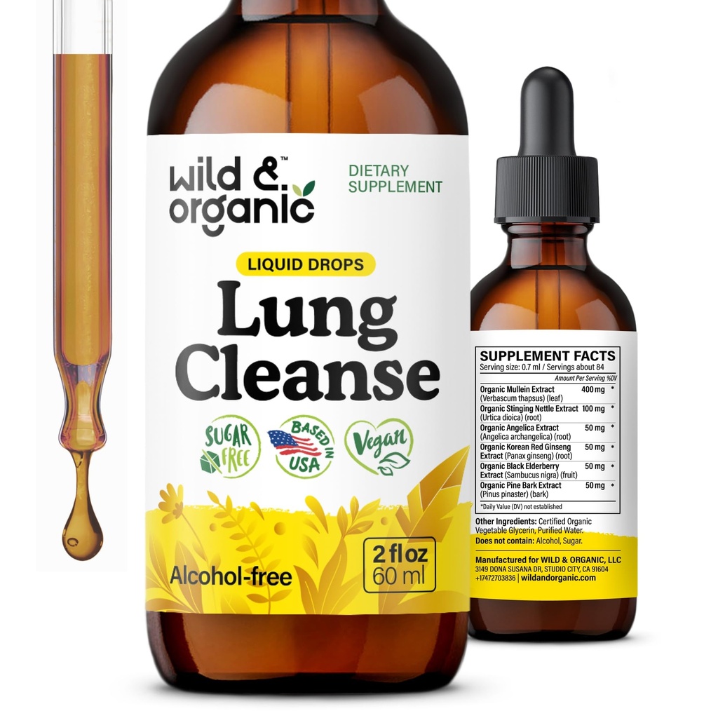 Wild & Organic Lung Cleanse Tinktur - Mullein Leaf Ekstrakt for Lungs - Herbal Detox Kosttilskudd - Vegan, Sukker & alkoholfri Mullein Drops - 2 fl oz